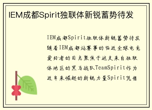 IEM成都Spirit独联体新锐蓄势待发